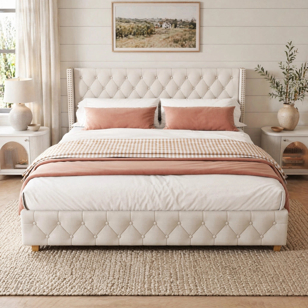 Letto imbottito 160 × 200 cm con rete a doghe e testiera capitonné in lino beige con gambe in legno