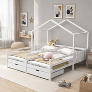 Letto a casetta 200 × 90 cm con due posti letto e 2 cassetti su ruote in legno bianco
