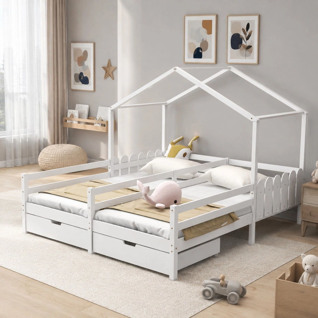 Letto a casetta 200 × 90 cm con due posti letto e 2 cassetti su ruote in legno bianco