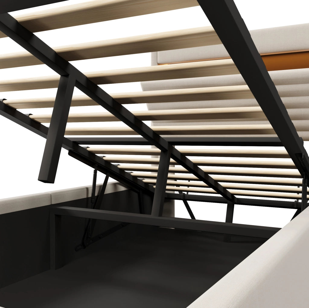 Letto imbottito 90x200 cm con vano contenitore idraulico, LED, USB e USB-C in lino beige