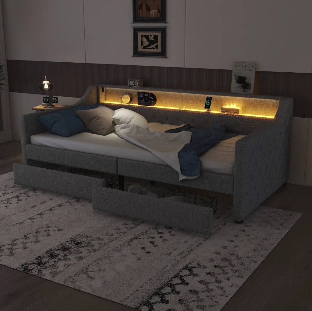 LETTO Giorno 90x200 cm in lino e MDF grigio con LED, USB e 2 cassetti