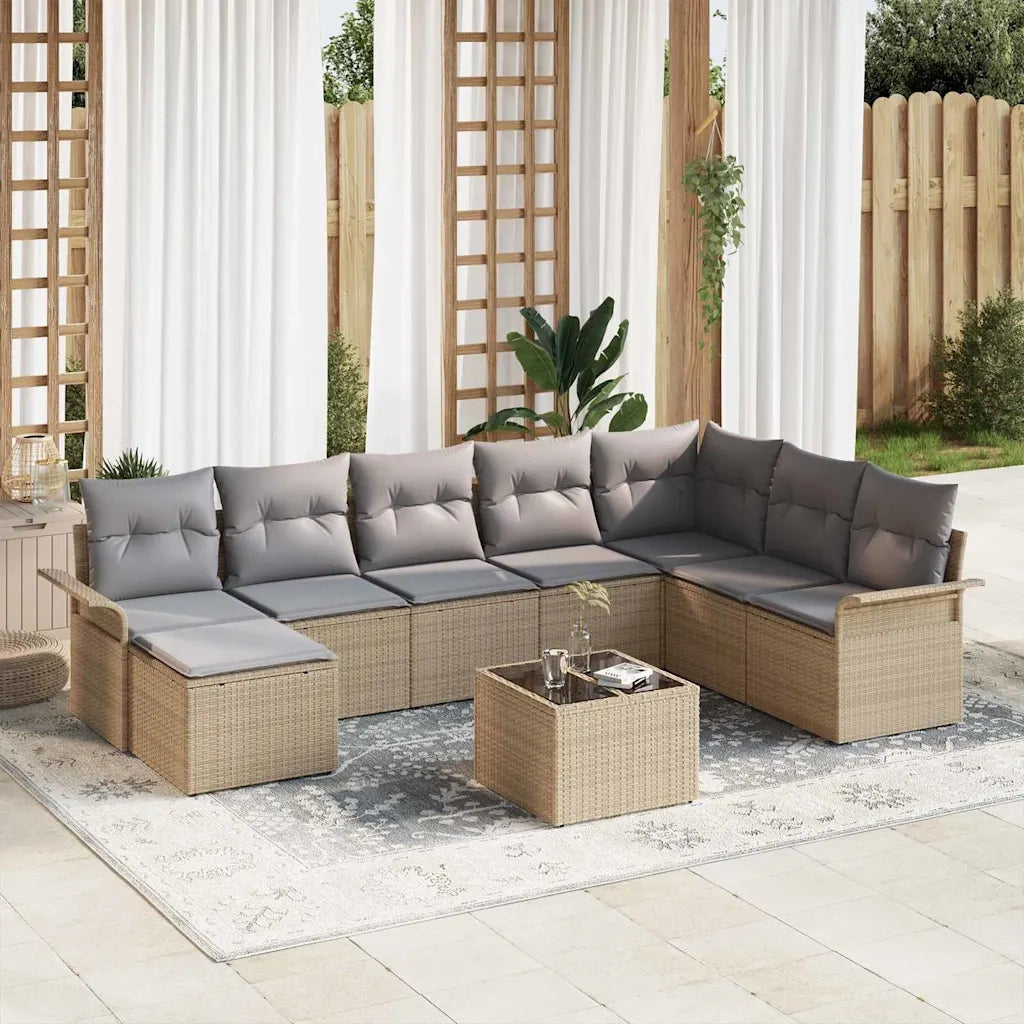 Set Divano da Giardino con cuscino 9 pcs Nero Poly Rattan