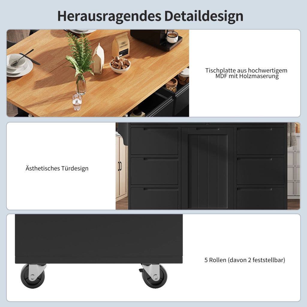 Carrello da cucina con piano ribaltabile 8 cassetti e ruote bloccabili in MDF nero 122 × 46 × 91.5 cm