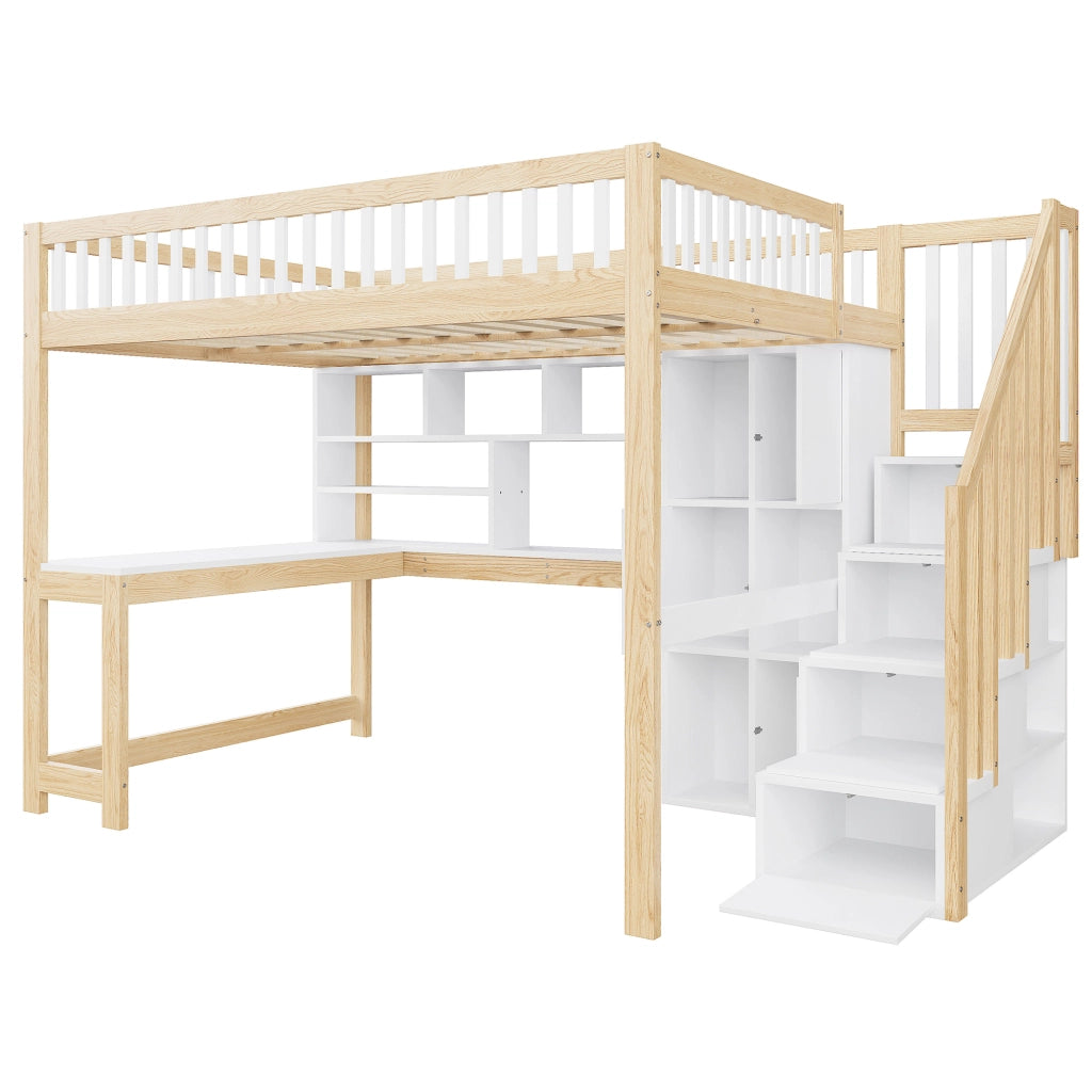 Letto a soppalco 140 × 200 cm 1 posto con LED; scala contenitore; mensole e scrivania; senza materasso