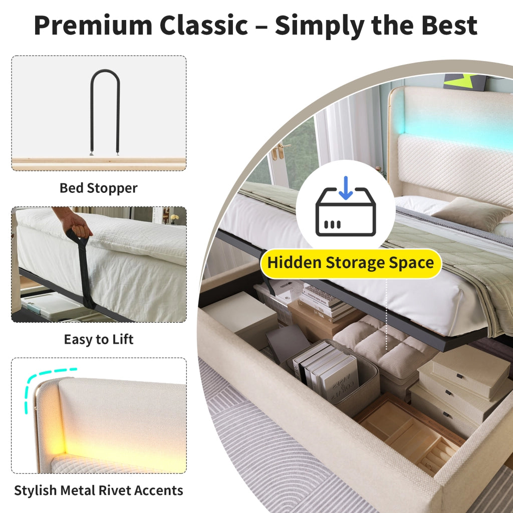 Letto matrimoniale 140 × 200 cm 2 posti con contenitore idraulico; LED regolabile e USB Type-C; senza materasso; beige