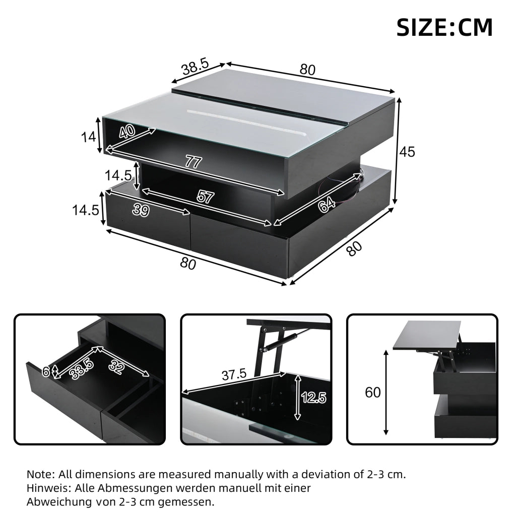 Tavolino da caffè quadrato alzabile 80x80x45 cm con LED; 2 cassetti; vetro temperato; nero