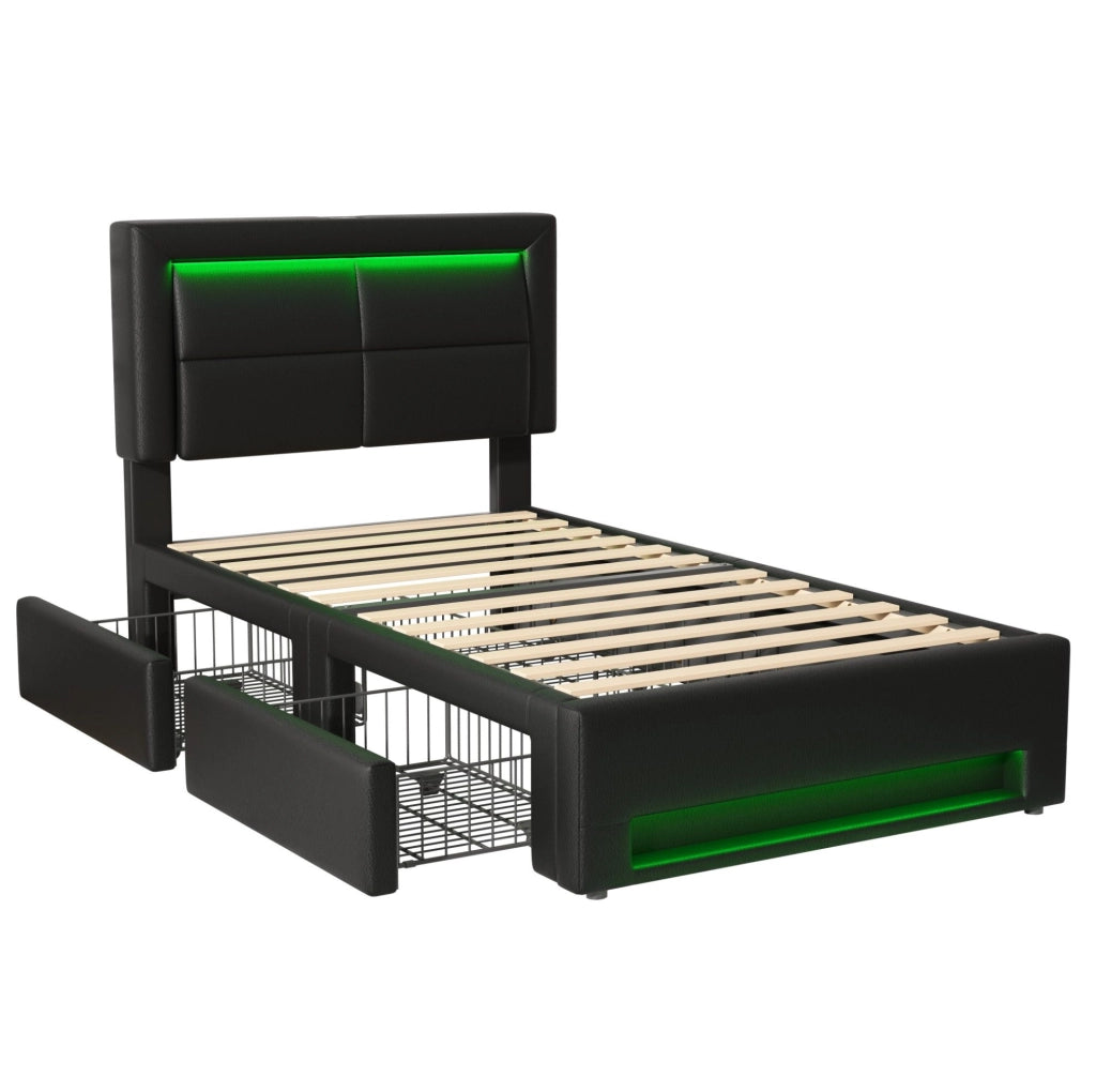 Letto singolo imbottito 90x190 cm con LED, USB e 4 cassetti