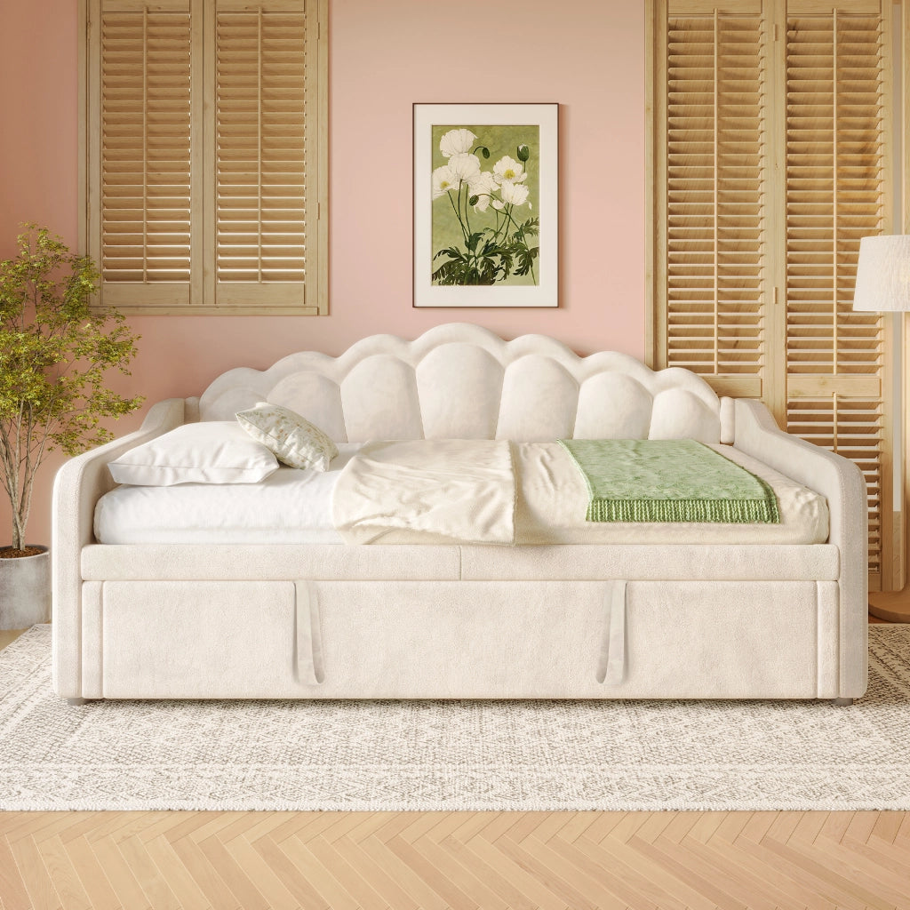 Letto estraibile singolo 90×200 cm e 180×200 cm con LED regolabile; senza materasso; velluto; beige