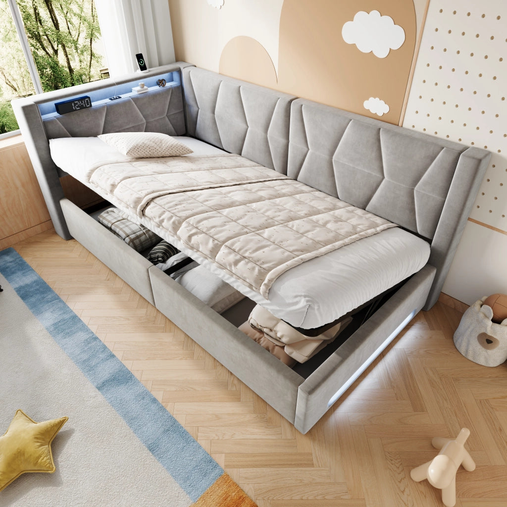 Letto singolo con contenitore 90 × 200 cm imbottito in velluto con LED USB Type-C e rete a doghe inclusa