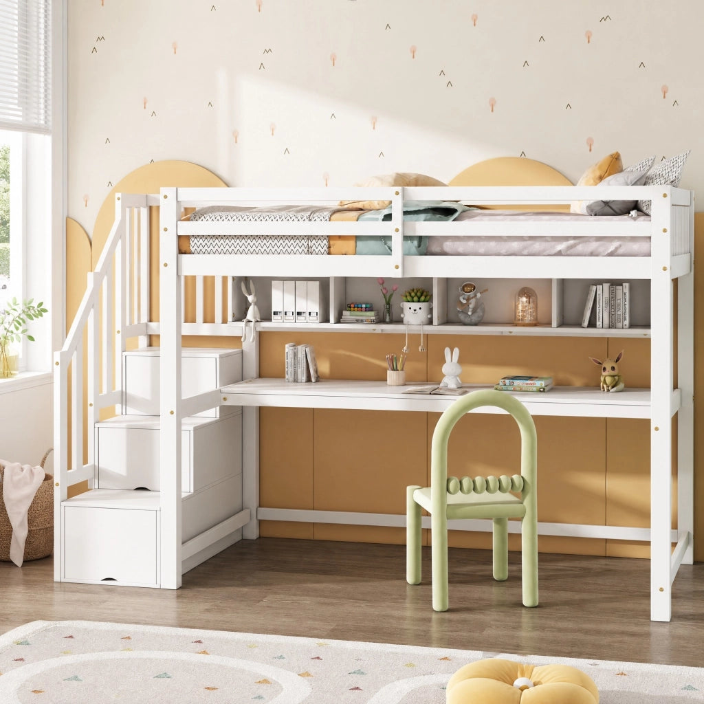 Desviae Letto a Soppalco per Bambini 1 Posto con Scala Contenitore, Scrivania e Scaffale 90 × 200 cm senza materasso