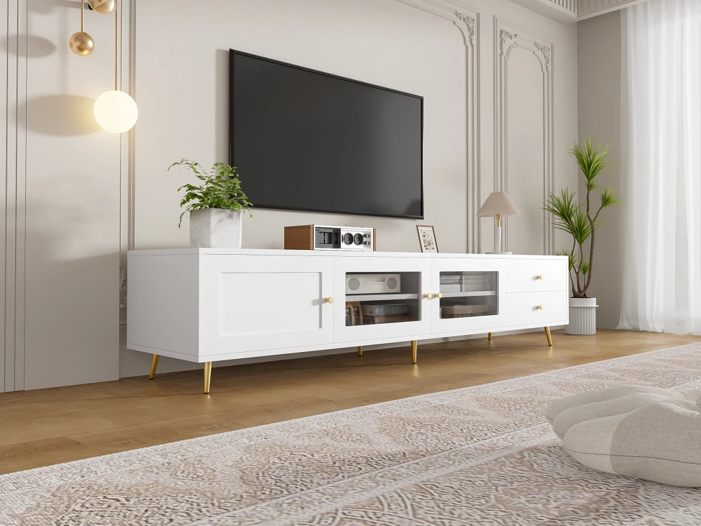TV-LOWBOARD 170x40x28 cm Bianco in truciolare con 2 cassetti e 2 ante in vetro