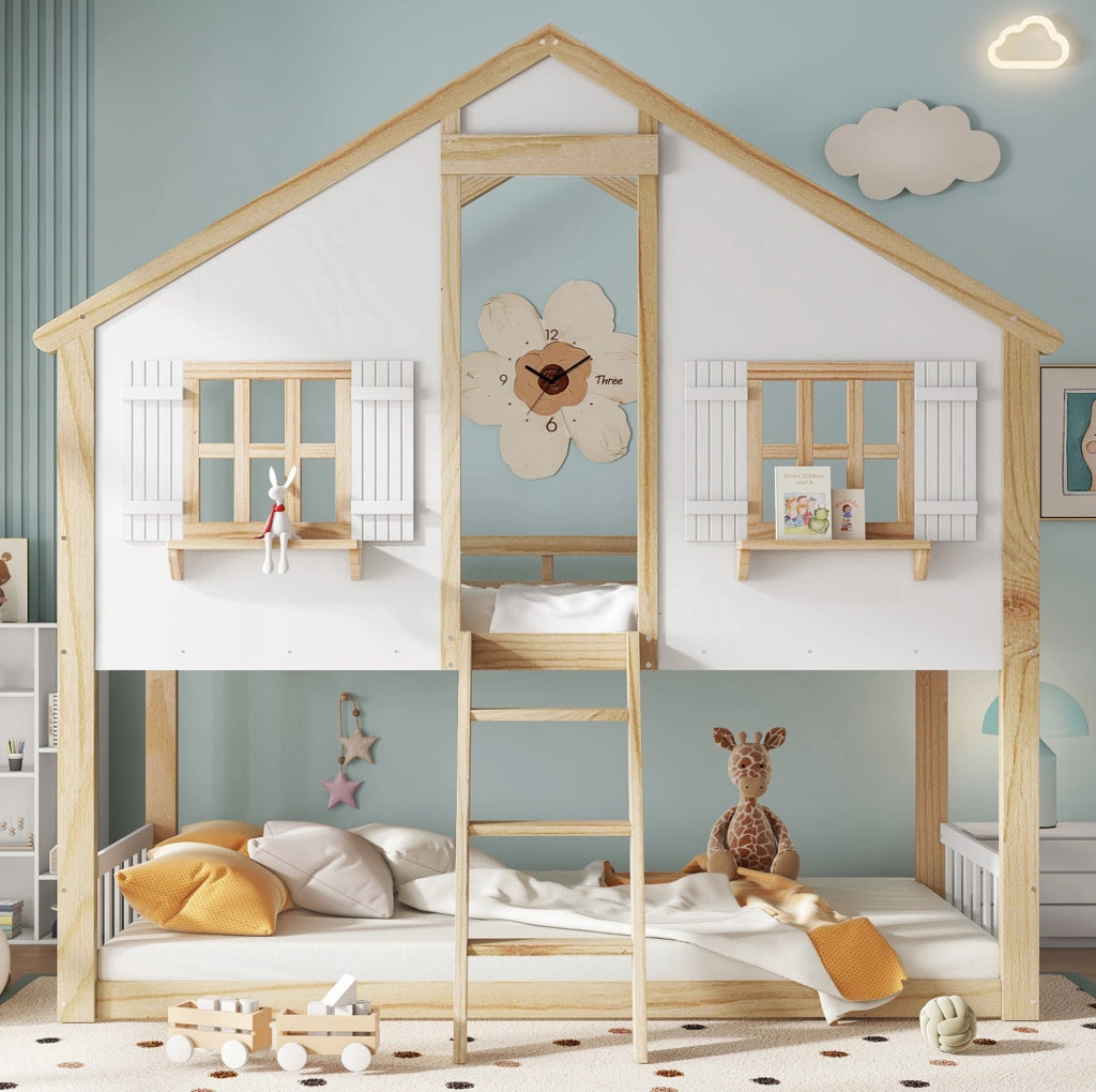 Letto a castello per bambini 90x200 cm bianco naturale con tetto, finestre e scala