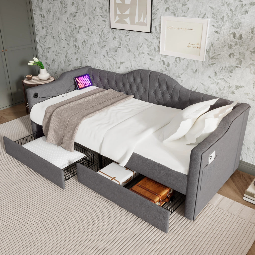 Letto divano singolo 90 × 200 cm con 2 cassetti; USB e porta Type-C; senza materasso; in lino grigio