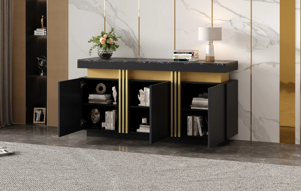 Sideboard Moderno Nero e Oro in Truciolato 140x38x70 cm con 3 Ante e Ripiani Regolabili
