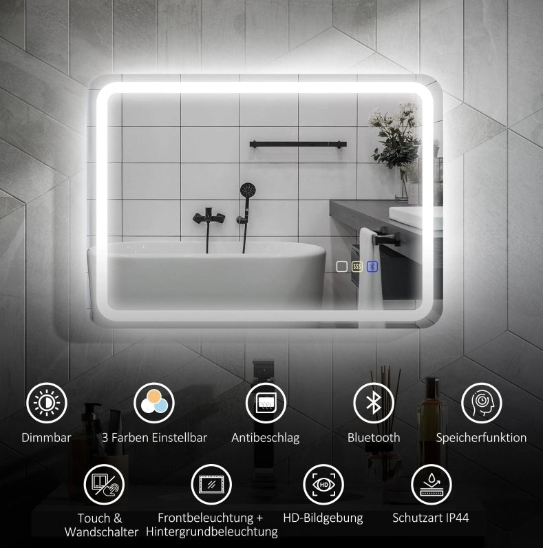 Specchio da bagno LED 50x70 cm con Bluetooth, funzione anti-appannamento, touchscreen e luce regolabile argento