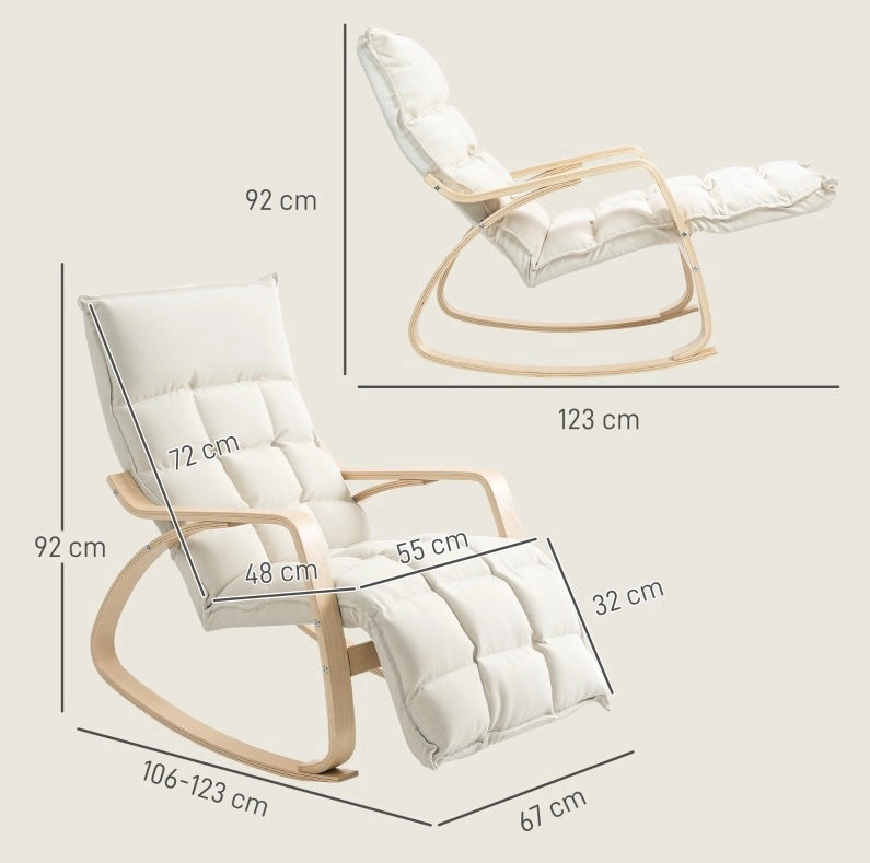 Poltrona a dondolo con poggiapiedi regolabile color crema