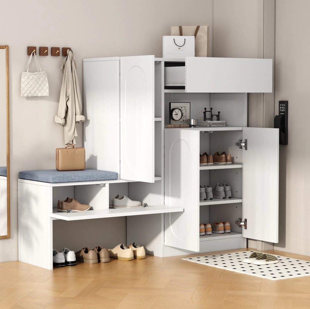 Scarpiera con panca 130x35x110 cm in truciolare; ante soft-close e cuscino grigio