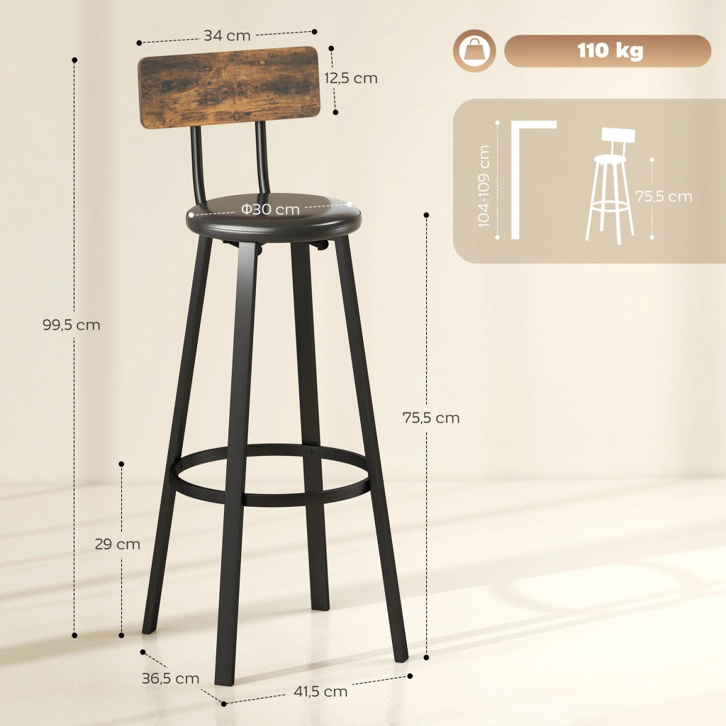 Sgabello da Bar 2 Pezzi con Schienale e Poggiapiedi ¨C Minimal ¨C Legno Massello Marrone 75.5 cm