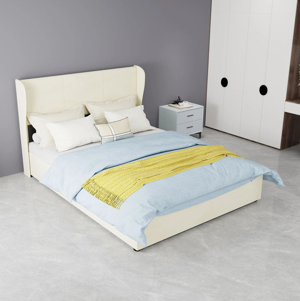 Letto Moderno Minimalista 140x200 cm Beige con Testiera Imbottita e Base Contenitore a Gas
