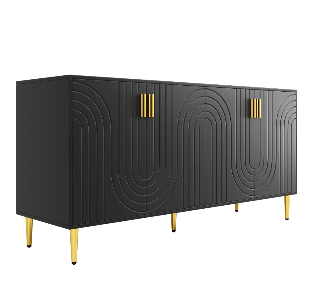 Sideboard nero in MDF 152x40x75 cm con design ondulato, maniglie e piedi dorati per zona pranzo elegante