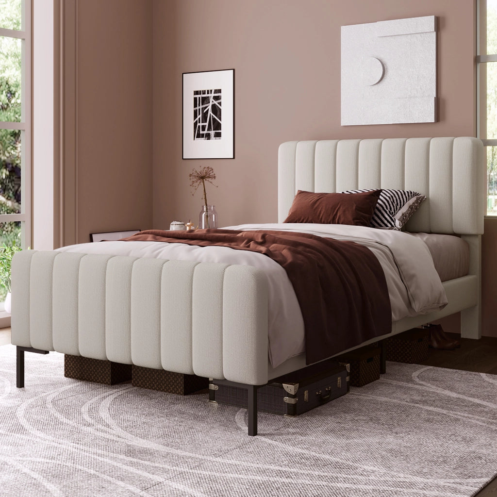 Letto singolo imbottito 90x200 cm grigio beige con materasso