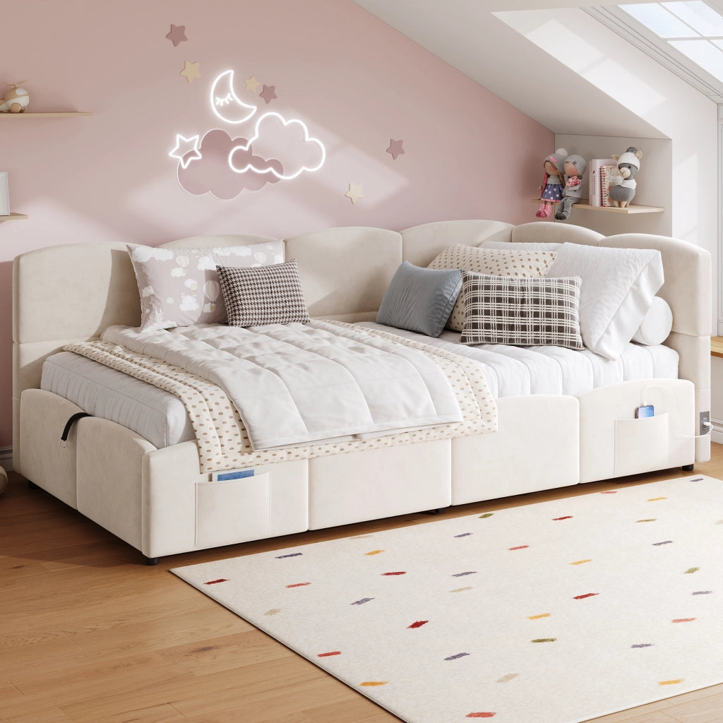 Letto divano contenitore 90x200 cm in velluto beige con USB; USB-C e tasche laterali