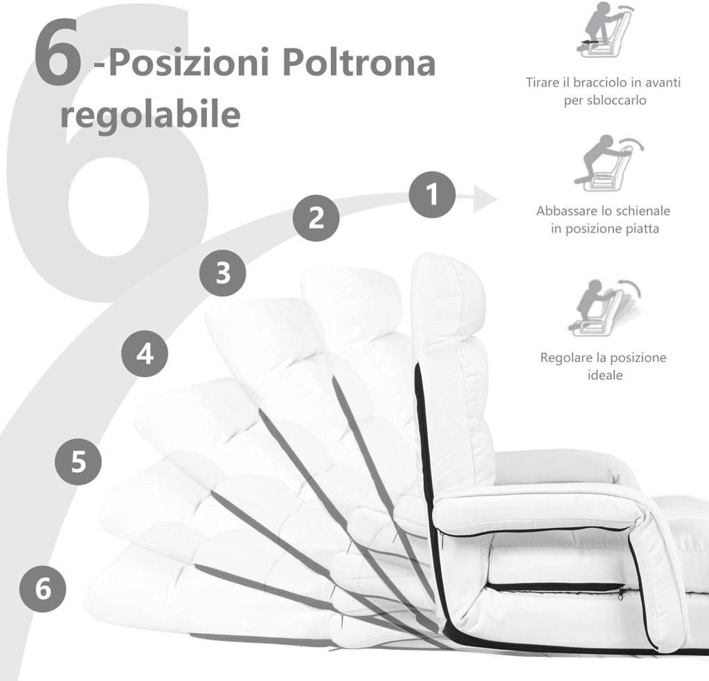 Poltrona Divano con 5 Livelli Regolabili, Sedia da Terra con Braccioli e Cuscino, Struttura in Acciaio, Multifunzione e Pieghevole per Soggiorno Camera da Letto, 55x66x71 cm (Bianco)