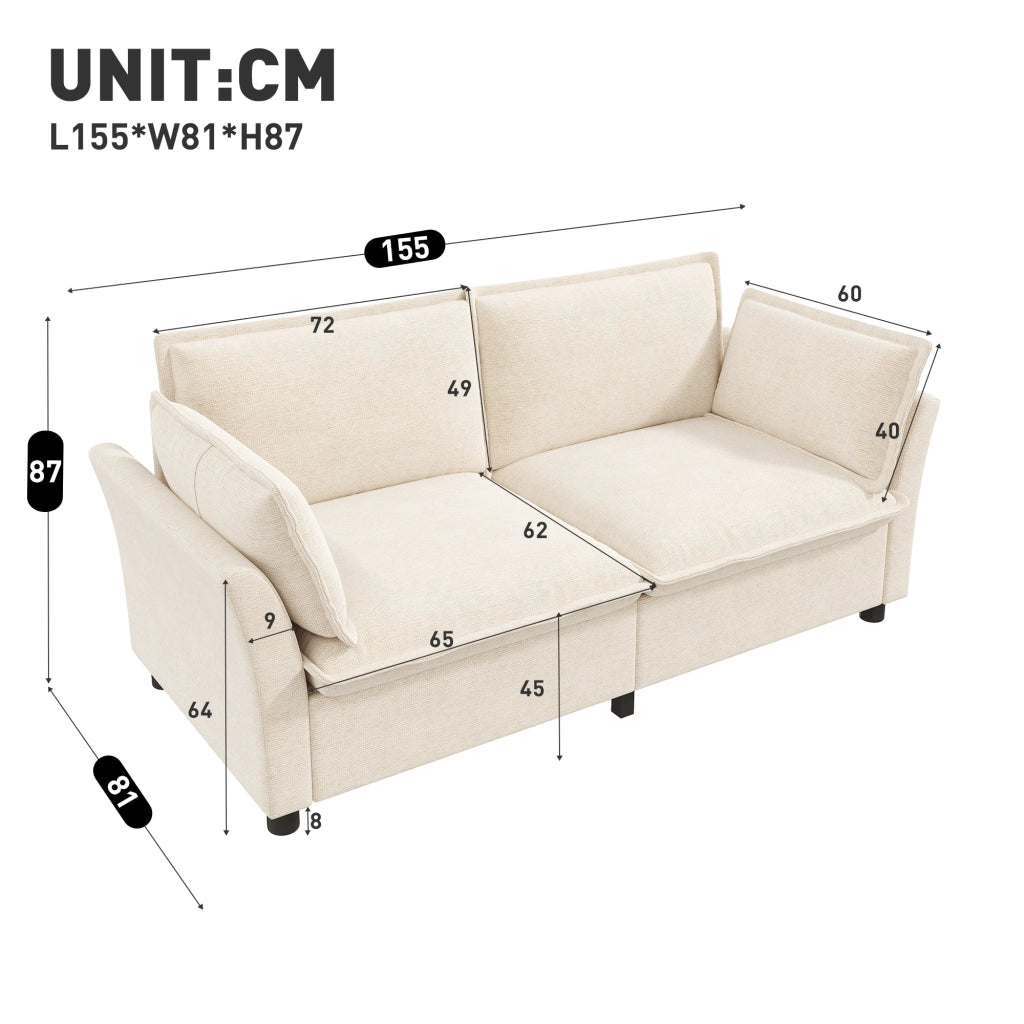 Divano 2 posti 155x81x87 cm in ciniglia beige con 2 cuscini e struttura in ferro