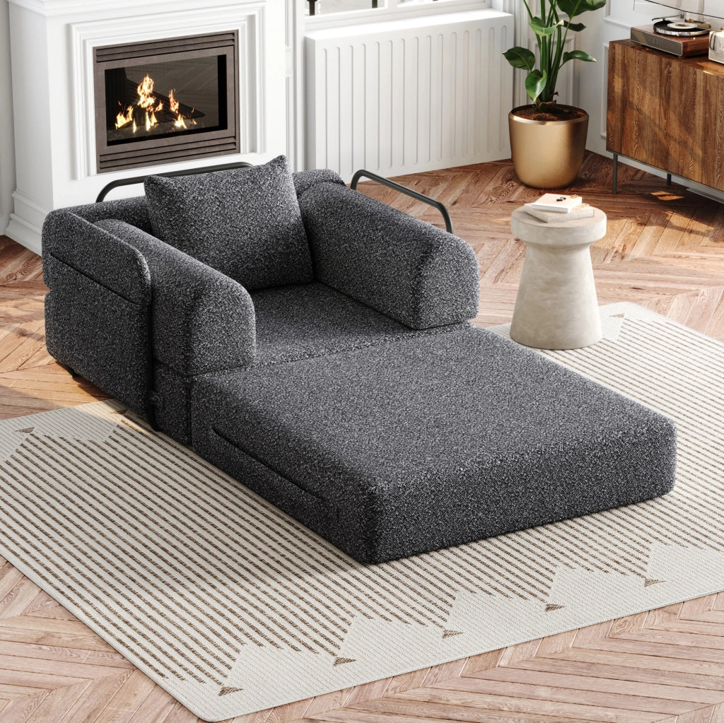 DIVANO LETTO 2 in 1 Singolo in Ciniglia Grigio con Vano nel Bracciolo