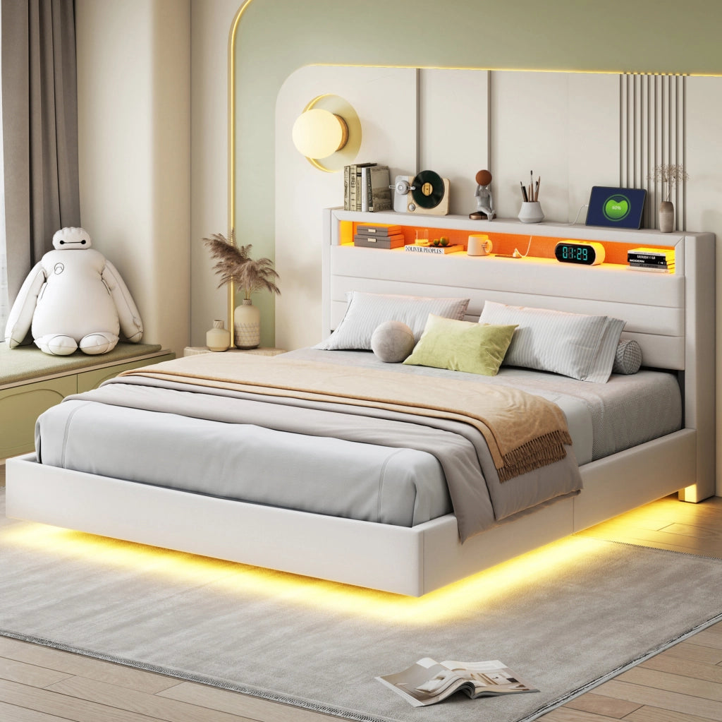 LETTO Imbottito 160x200 cm Beige con USB, LED e contenitore idraulico