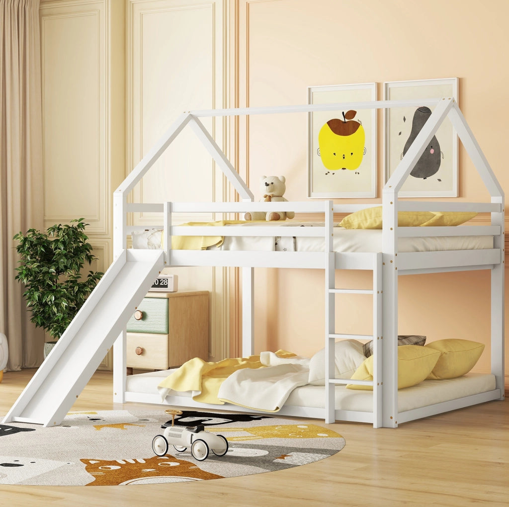 LETTO A CASTELLO A CASETTA CON SCIVOLO E SCALA 140x200 cm BIANCO