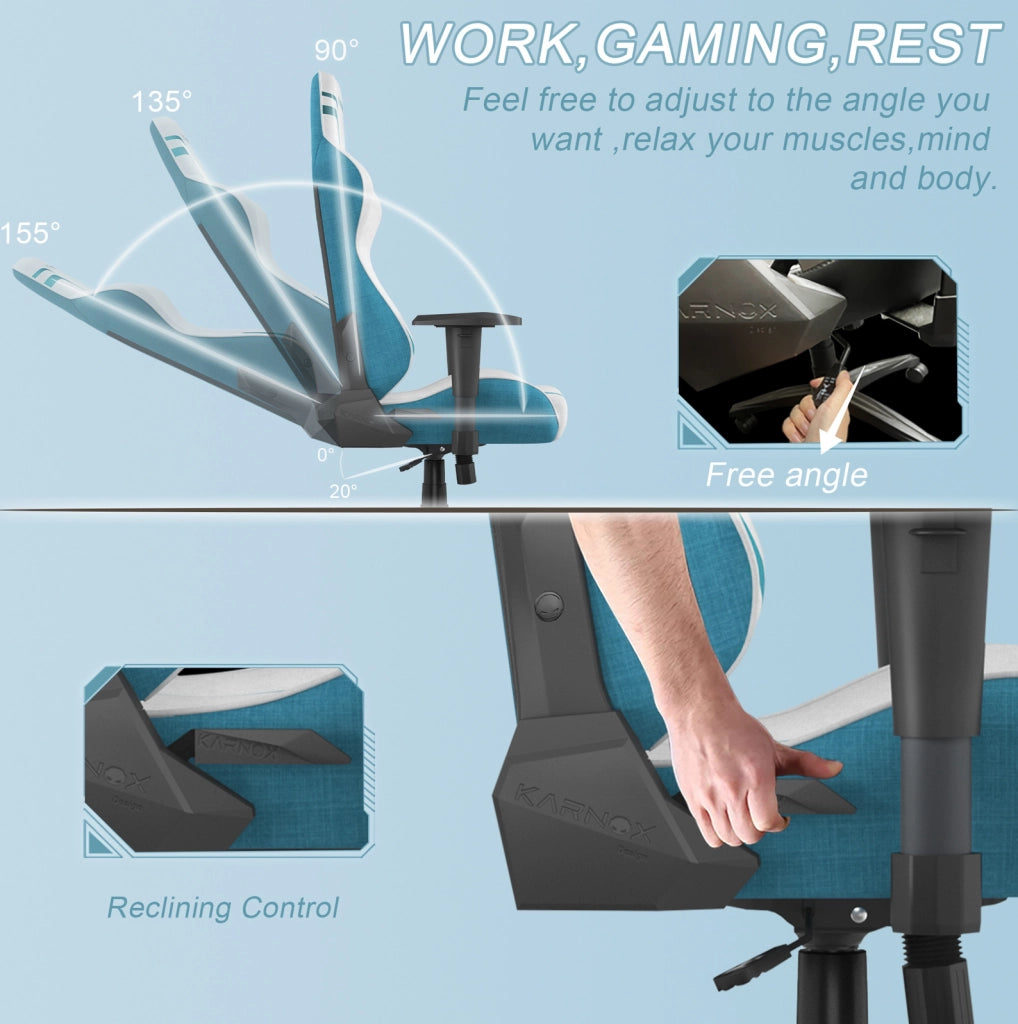 Sedia gaming ULEVR in tessuto bianco e blu, schienale reclinabile 90¡ã-155¡ã, braccioli regolabili e supporto lombare