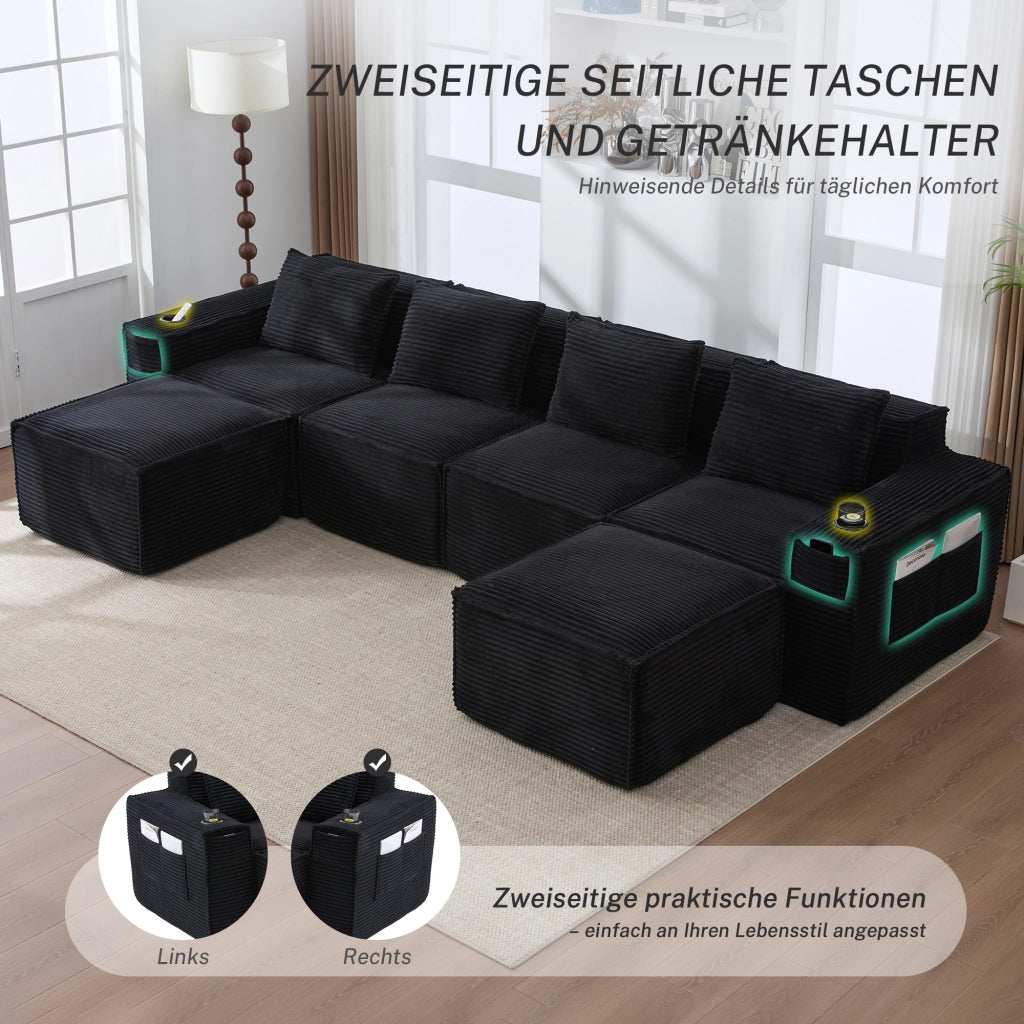 Divano modulare 330x162 cm con portabicchieri e tasche laterali; molle e schiuma; velluto a coste nero
