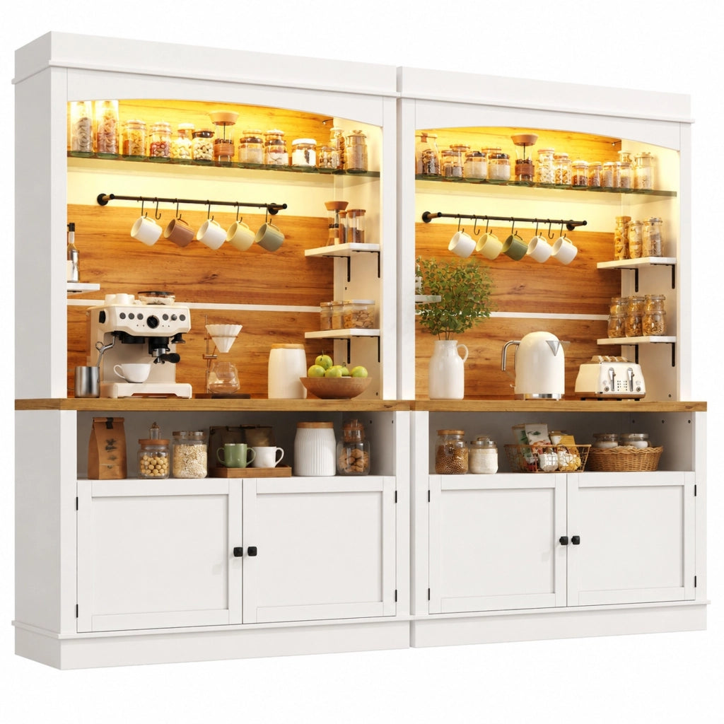 Credenza da cucina alta, set di 2 con LED RGB, 6 ganci e dispositivo antiribaltamento, MDF bianco, 107 × 34 × 184 cm