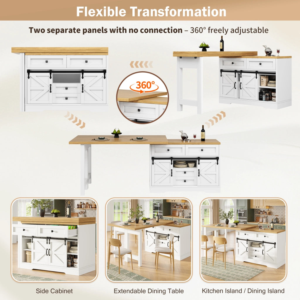 Tavolo allungabile con mobile laterale; pannelli girevoli a 360° e porta scorrevole in MDF bianco 120 × 40 × 72 cm