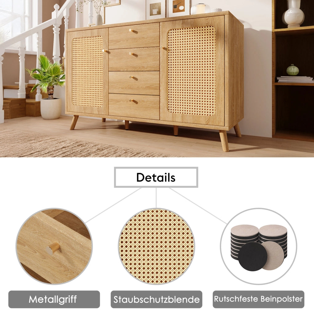 Credenza 140 cm effetto rovere chiaro con 4 cassetti e 2 ante