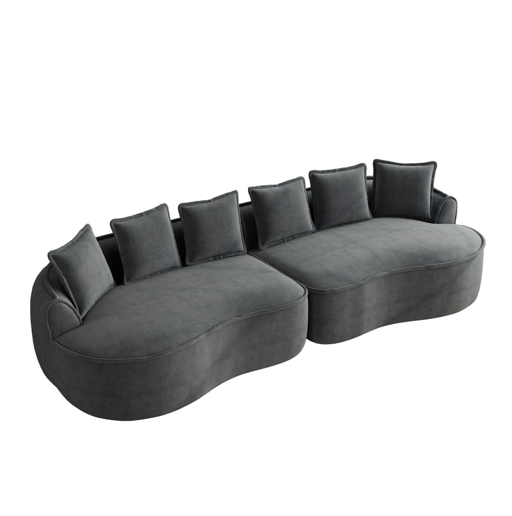 Divano modulare quattro posti in tessuto chenille grigio, senza struttura, dimensioni extra large con chaiselongue profonda e cuscini inclusi