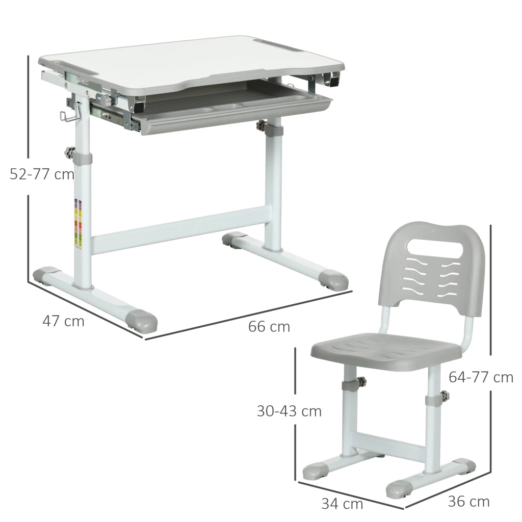 Banco Scuola per Bambini 6-12 Anni con Sedia e Altezza Regolabile, Piano Inclinabile, 66x47x52-77 cm, Grigio