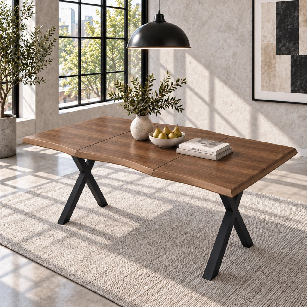 Tavolo da Pranzo 180x78 cm 4-6 Posti LEMONMAX; Piano MDF 28 mm con Bordi Ondulati; Gambe a X in Metallo; Finitura Effetto Noce; Portata 60 kg