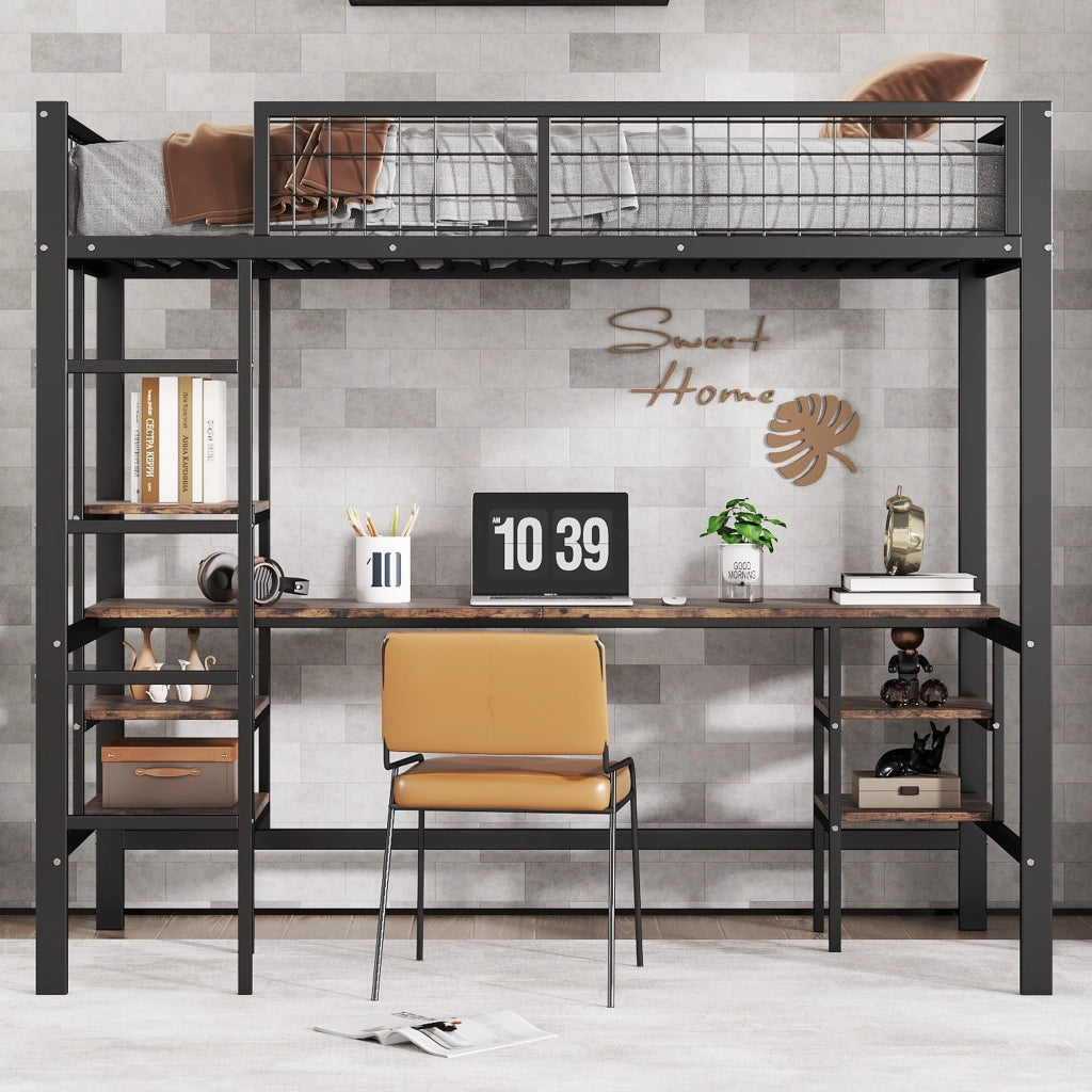 Letto a soppalco 90x200 cm con scrivania e scaffali; struttura in metallo nero e pannelli effetto legno scuro