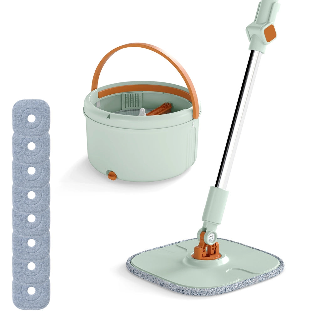 Sistema con mocio piatto e secchio con 8 panni in microfibra lavabili, Sistema di pulizia per pavimenti bagnati e asciutti Verde