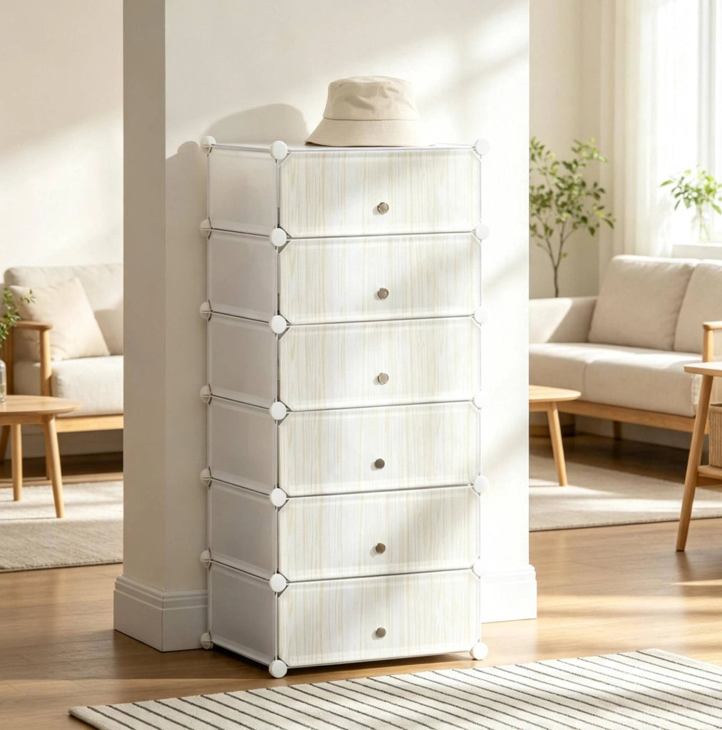 Scarpiera modulare a 6 cubi in PP e acciaio; 49 x 36;5 x 108 cm; bianca
