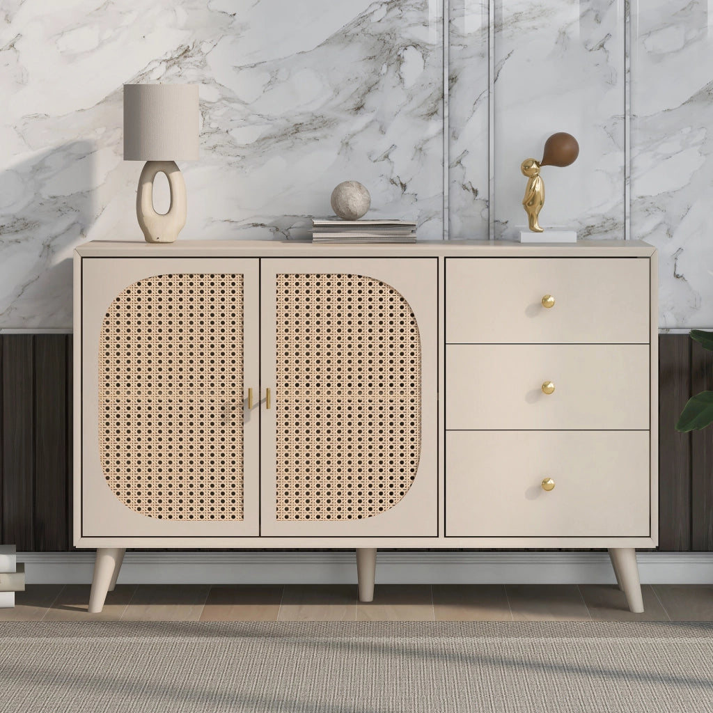 Credenza e madia con 2 ante e 3 cassetti, finitura rattan, per soggiorno e sala da pranzo, in truciolare, bianco