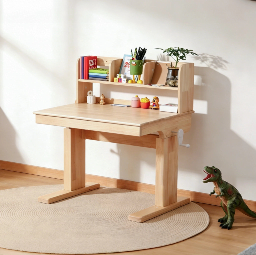 Scrivania per bambini in legno massello regolabile in altezza con piano inclinabile e vano portaoggetti, colore naturale, per bambini da 6 anni