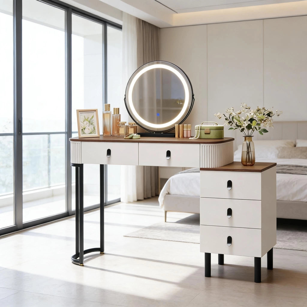 Toeletta con specchio LED dimmerabile e 5 cassetti marrone e bianco 100 × 125 × 40 cm