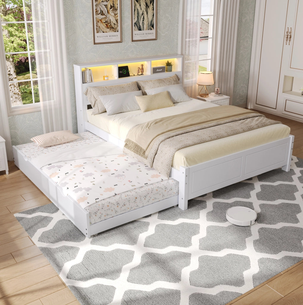 Letto Matrimoniale Bianco in Legno di Pino e MDF con Letto Estraibile 90x190cm e Striscia LED, 120x200cm