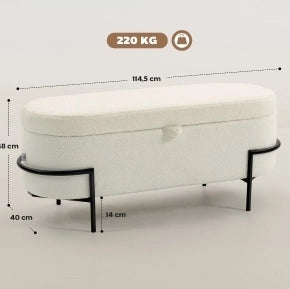 Panchetta con spazio contenitore 69L, seduta imbottita in fleece crema, gambe in acciaio, 114,5x40x48 cm