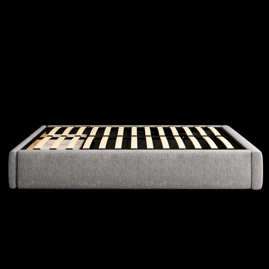 Letto contenitore 140 × 200 cm con sollevamento idraulico e 2 cassetti rivestito in tessuto grigio