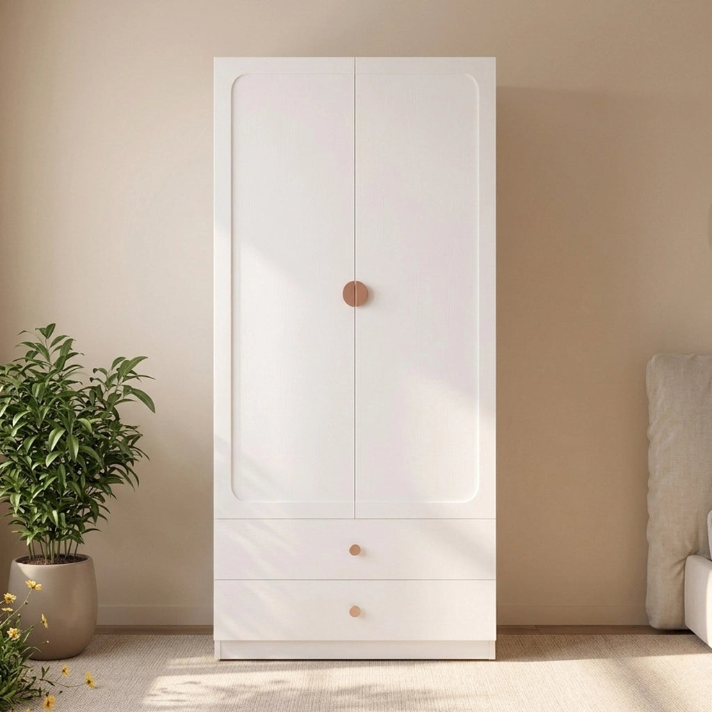 Armadio a 2 ante con 2 cassetti e appendiabiti in MDF legno e acciaio bianco per camera 90 × 45 × 200 cm