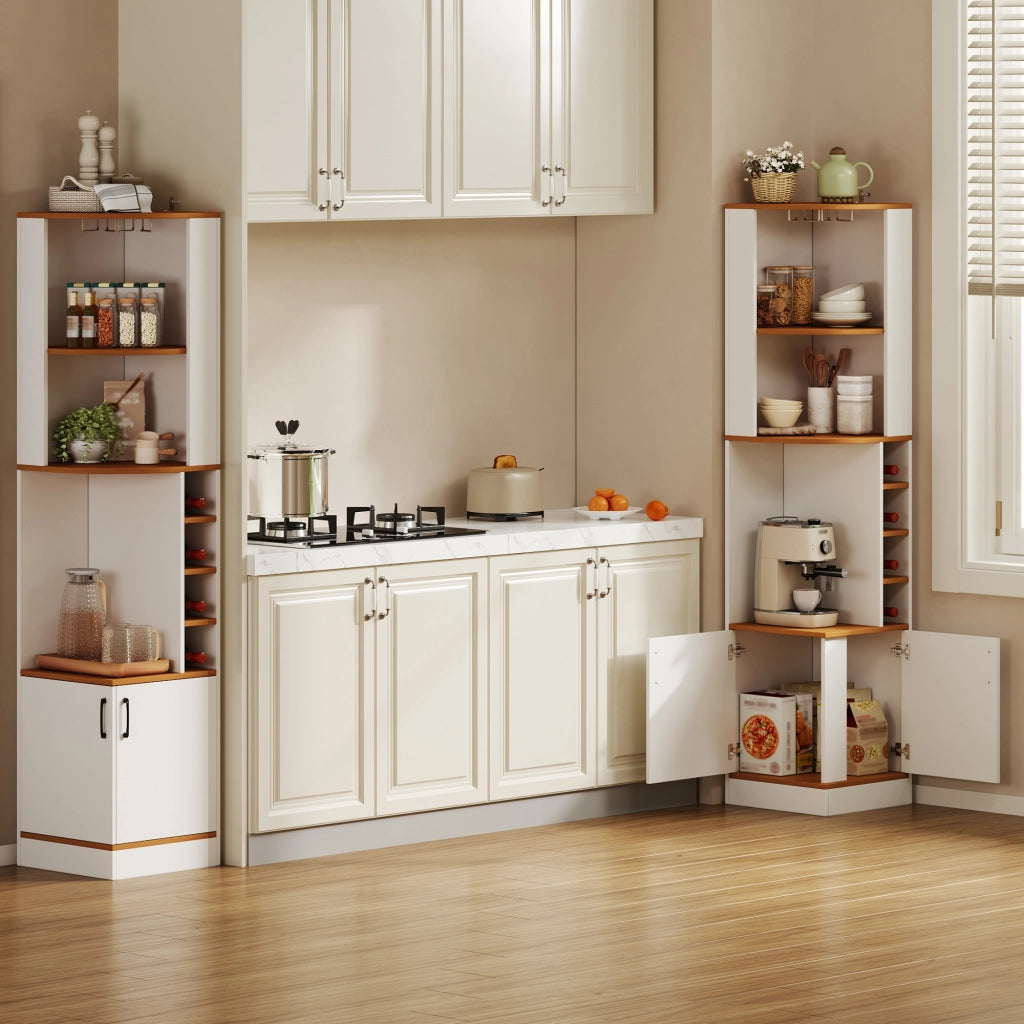 Mobile bar angolare con portabicchieri e 4 vani per vino armadietto inferiore in MDF bianco 40 × 40 × 182 cm
